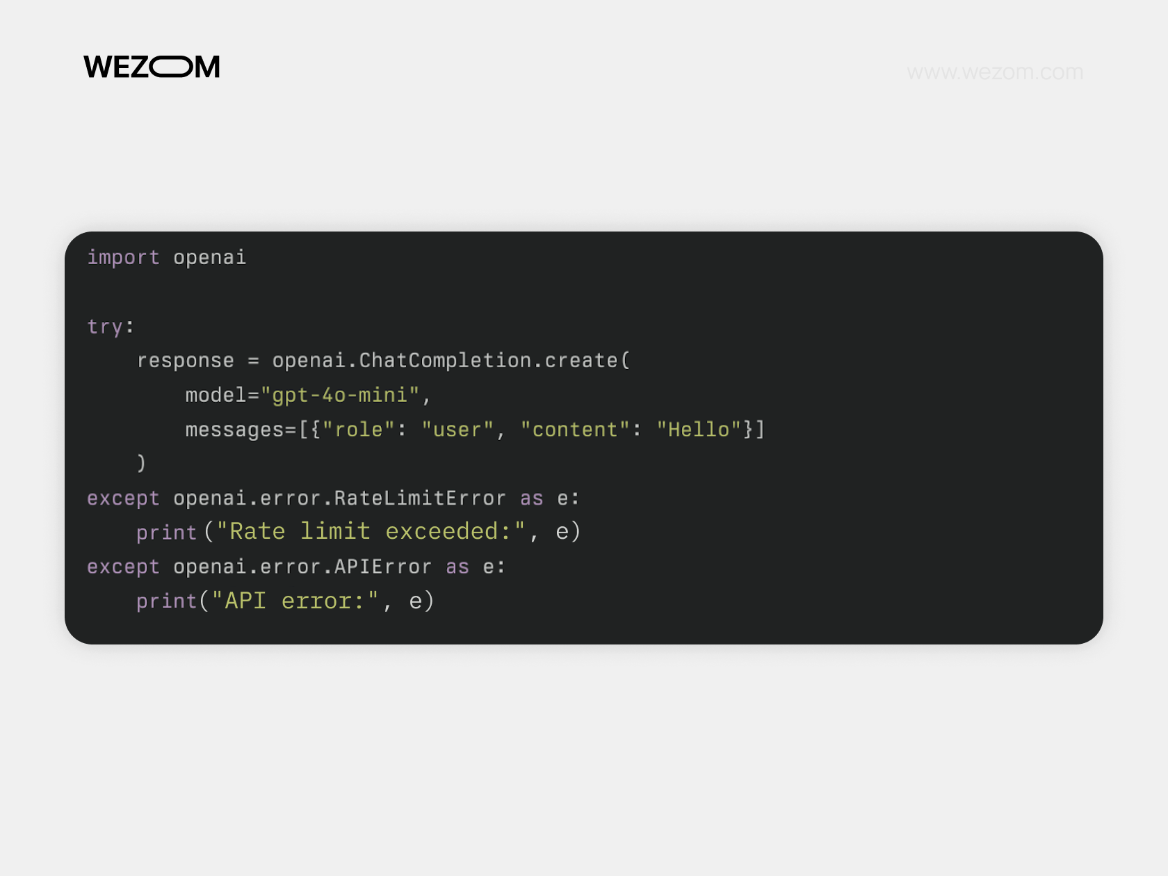Python code using OpenAI GPT-4o-mini with error handling for API rate limits and general API exceptions